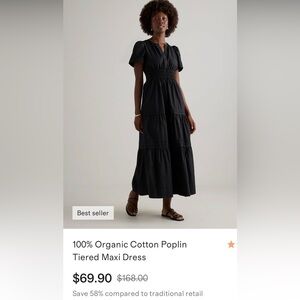 QUINCE Organic Cotton Tiered Poplin Maxi Dress- Black